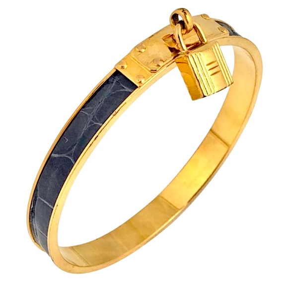 Hermes Jewelry - HERMES Dark Blue Indigo Lizard Kelly H Icon Bangle